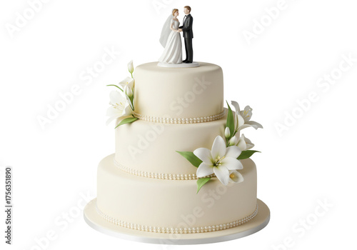 Isolated three-tier wedding cake decorated with white lilies and miniature bride and groom figures