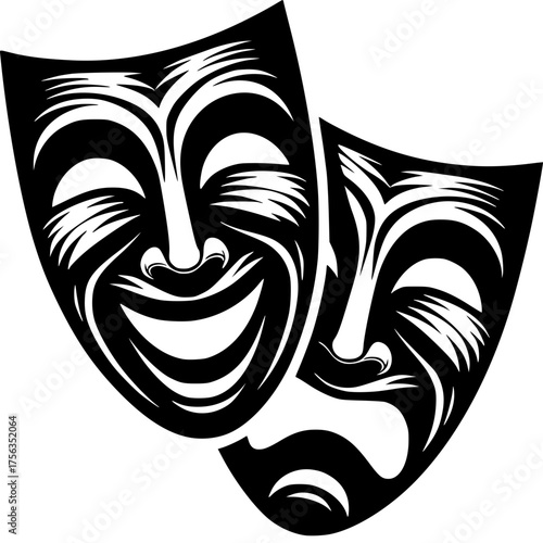 Drama's Embrace: The iconic comedy and tragedy masks, symbols of theatrical expression, converge in a timeless embrace, their emotions subtly rendered in contrasting shades.