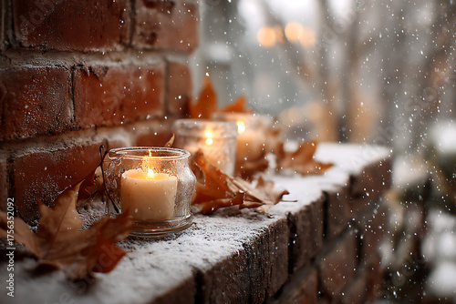 Wallpaper Mural Cozy winter evening with glowing candles, falling snow, and autumn leaves creating a serene, warm atmosphere for holiday cheer and relaxation. Torontodigital.ca