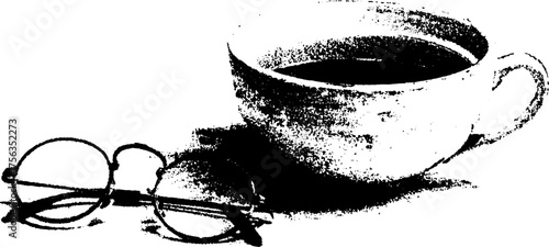 Vintage high contrast cup of tea with glasses illustration for retro design projects