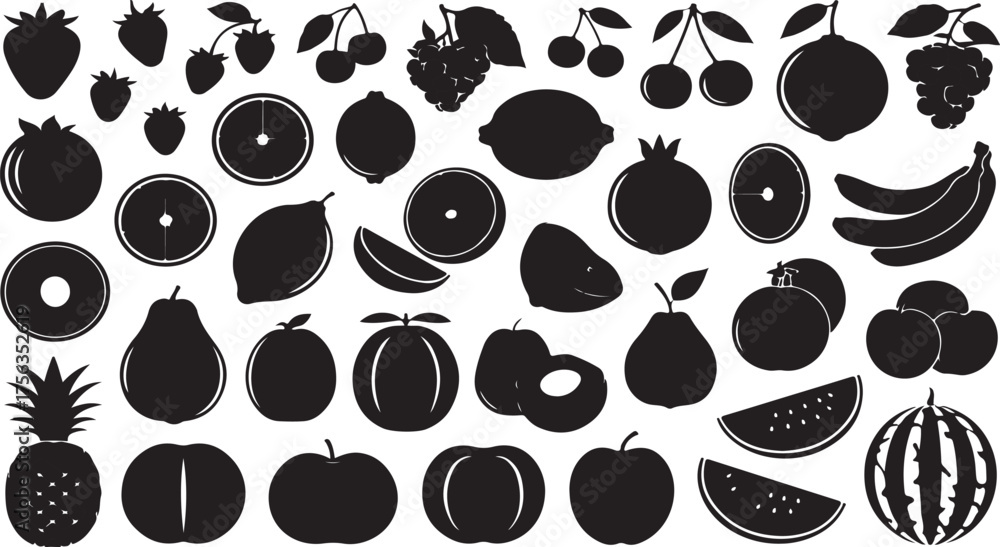 Fototapeta premium Minimal Black Fruit Silhouette Vector Collection — Tropical and Citrus Fruits Icons for Healthy Food, Organic Design, and Modern Patterns