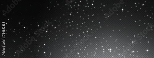 Dark night sky background with white stars and sparkles pattern. Starlight particles create glowing texture with cosmic dust effect. Vector galaxy illustration with bright stellar glow.