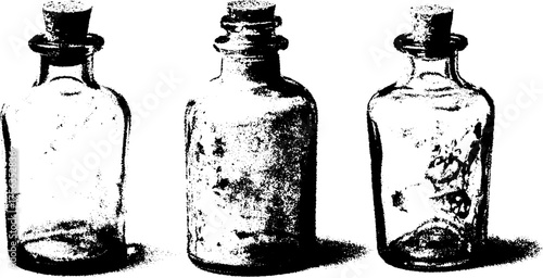 Vintage glass bottles in high contrast black and white for design and decor