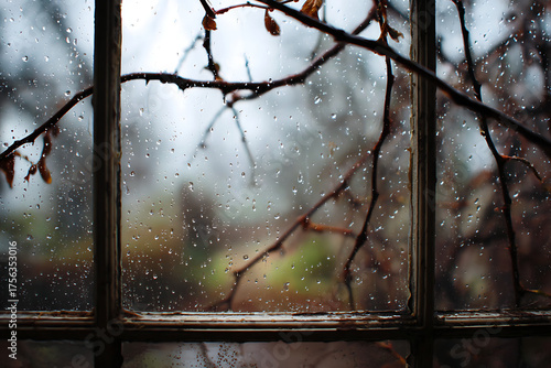 Wallpaper Mural Raindrops on an old window pane with bare branches visible outside, creating a moody, atmospheric, and introspective mood for storytelling or reflection. Torontodigital.ca