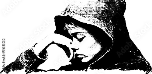 Contemplative hooded figure in grunge style black and white illustration