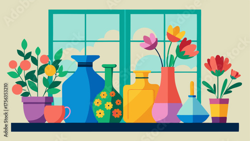 A collection of mismatched colorful vases and jars on a windowsill filled with vibrant flowers and plants.