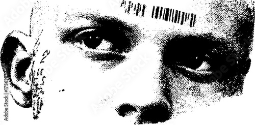 High contrast black and white faceless portrait with barcode tattoo concept for edgy design