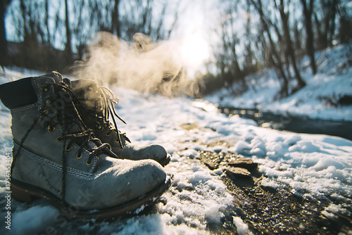 Wallpaper Mural Steaming winter boots rest on snowy path near flowing stream, capturing cold adventure and outdoor exploration spirit. Torontodigital.ca
