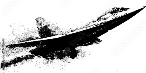 Black and white high contrast illustration of flying jet with grunge effect for design use