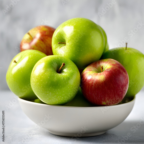 Green and red apples fill a bowl, creating a refreshing, bright food presentation. Perfect for recipes, health content, or nutrition branding.