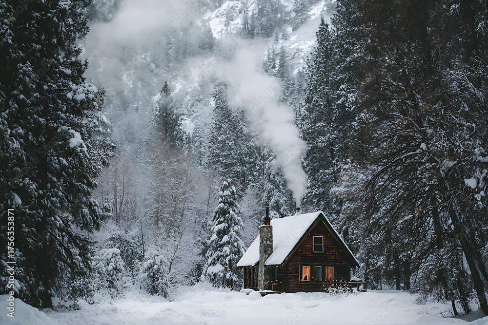 custom made wallpaper toronto digitalCozy winter cabin with smoke rising from chimney creates a warm inviting scene amidst a serene snowy forest landscape