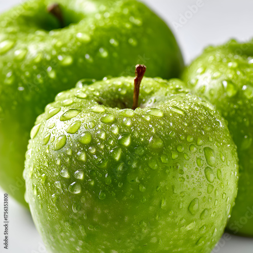Vivid green apples gleam with water droplets against white. Bright lighting enhances texture. Use for food photography, packaging, and healthy branding.