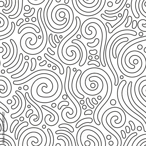 uncolored image of spiral doodle seamless pattern.