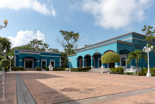 Facade of the House of Culture in Villa de Álvarez, Colima, Mexico. The building is painted blue, highlighting its role as a cultural and arts center. Oct. 13, 2025.