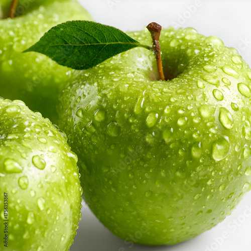 Green apples glisten with water droplets, showcasing fresh texture on a white surface. Ideal for food product photography or wellness branding.