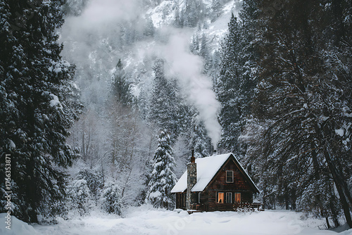 Wallpaper Mural Cozy winter cabin with smoke rising from chimney creates a warm inviting scene amidst a serene snowy forest landscape Torontodigital.ca