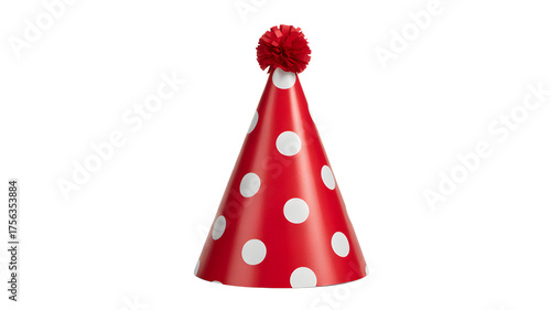A festive red polka dot party hat with a fluffy pom pom on top isolated on transparent background