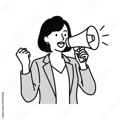 A woman in a suit excitedly announces something through a megaphone, raising her fist in a gesture of triumph or encouragement.