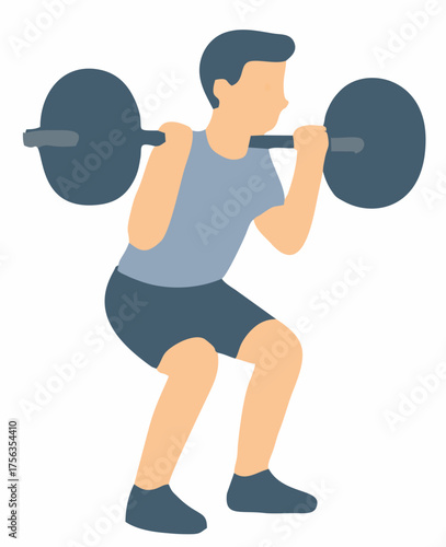 Vector illustration of a man engaged in strength training, performing a barbell squat exercise. A concept for gym workouts and physical fitness