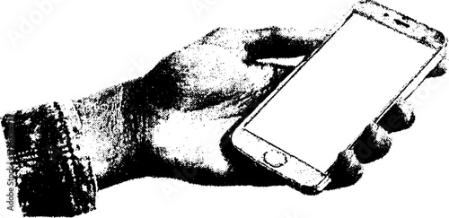 Black and white high contrast illustration of hand holding smartphone for print design