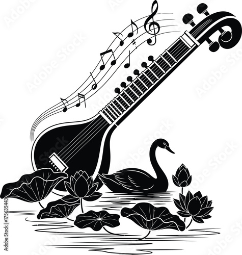 Veena Swan and Lotus Silhouette Vector with Musical Notes .