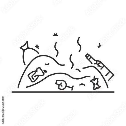 unpleasant smell and flies, landfill icon, pile of garbage, thin line vector illustration
