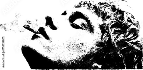 Black and white high contrast portrait of a smoking human figure