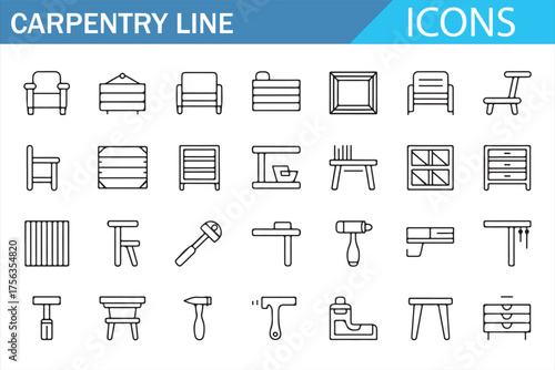 Wooden Furniture and Carpenter Tools Line Icon Set for Home Decor and Construction