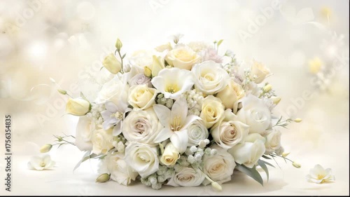 White rose bouquet with delicate flowers on soft blurred background  