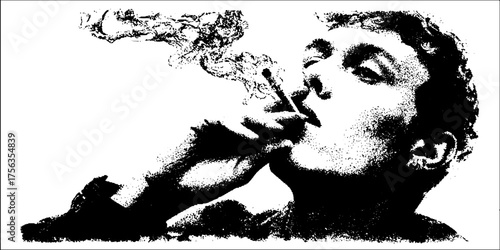 Black and white high contrast illustration of smoking human figure for print design