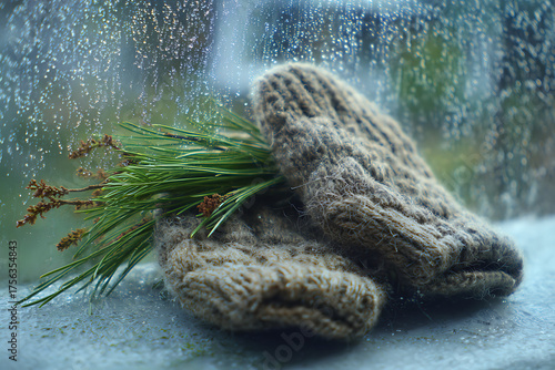 Wallpaper Mural Cozy knitted mittens rest beside fresh pine sprigs on a rainy window sill, evoking warmth and winter comfort. Torontodigital.ca