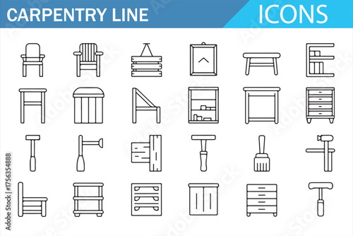Collection of Woodworking and Carpentry Icons with Tools, Chairs, and Tables