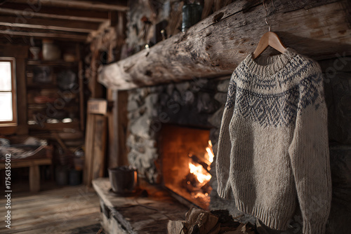 Wallpaper Mural Cozy knitted sweater hangs near a crackling fireplace in a rustic log cabin, evoking warmth and winter comfort for a perfect holiday escape. Torontodigital.ca