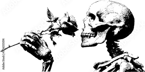 Gothic black and white skeleton holding rose illustration for tattoo or poster design