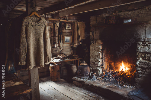 Wallpaper Mural Cozy rustic cabin interior with roaring fireplace, hand-knitted sweater, and vintage artifacts evoking warmth and tradition Torontodigital.ca