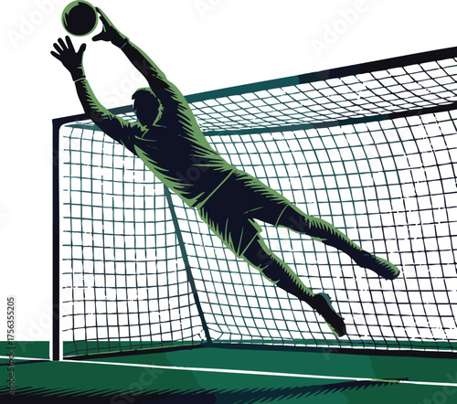 Goalkeeper Diving to Catch Soccer Ball in Net, Dynamic Action Shot