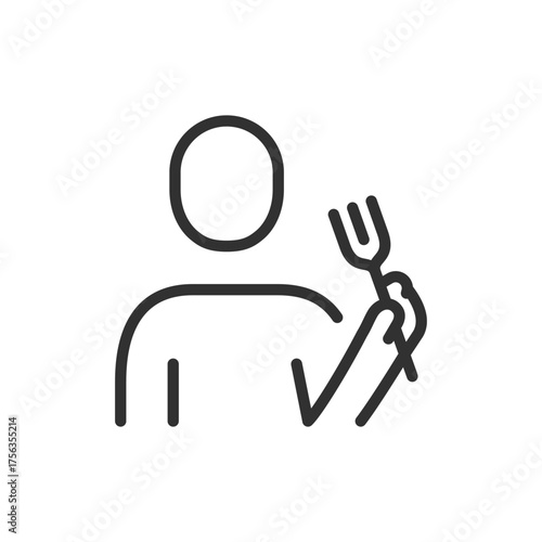 Person holding fork, linear icon. Eating activity or mealtime. Line with editable stroke.