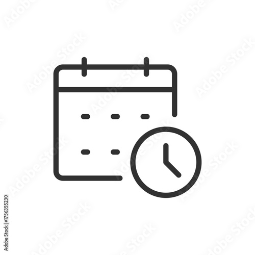 Calendar with clock, linear icon. Scheduled task or time planning. Line with editable stroke.