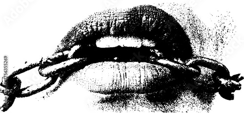 Black and white lips biting chain in high contrast art for creative design