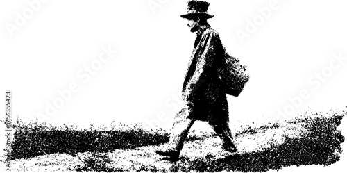 Vintage style black and white graphic of man walking in high contrast for retro design