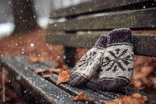 Wallpaper Mural Cozy knitted mittens rest on a weathered wooden bench as gentle snowflakes fall, evoking winter's crisp embrace and nostalgic comfort. Torontodigital.ca