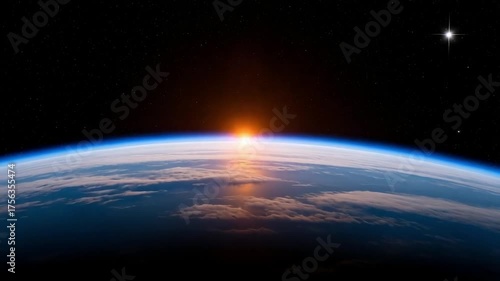 Stunning sunrise over planet Earth with vibrant colors and dynamic atmosphere, perfect for space exploration documentaries or travel promotions