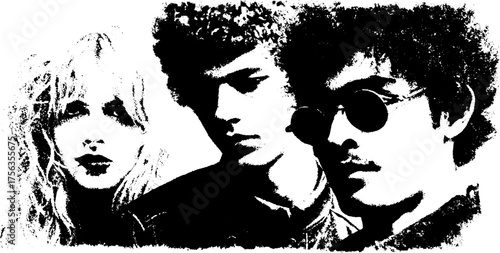High contrast black and white gritty portrait trio for art and design projects