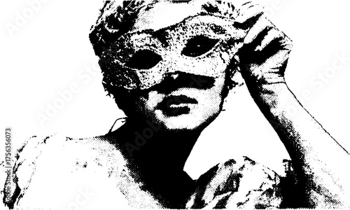 Mysterious masked figure in high contrast black and white art - vintage grunge theme