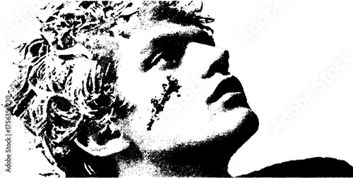 High contrast black white grunge portrait with random splatter and artistic effect