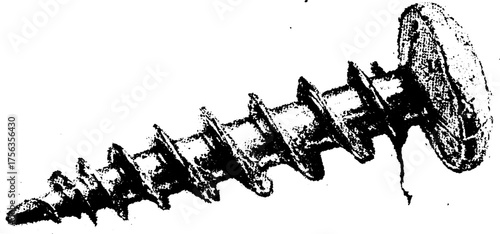 Gritty black and white illustration of scratched metal screw for industrial design