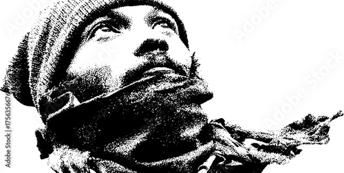 Urban grit and texture black and white portrait with high contrast and static noise effect