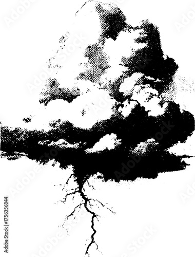 Black and white high contrast thunderstorm illustration with dramatic clouds and lightning