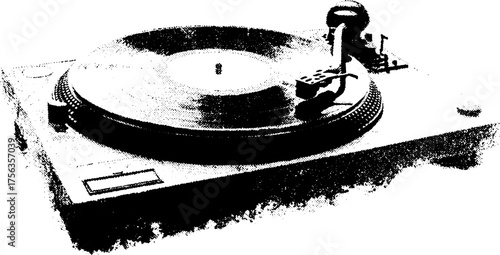 Vintage vinyl record player in high contrast black and white for retro music design