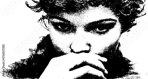 Bold black and white portrait of reflective woman in high contrast design